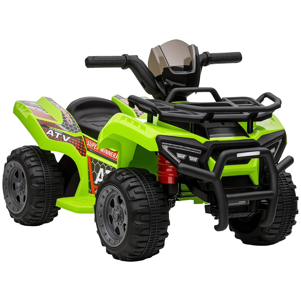 Green electric ride-on quad bike with black seat, handlebars, cargo rack, and chunky tires.