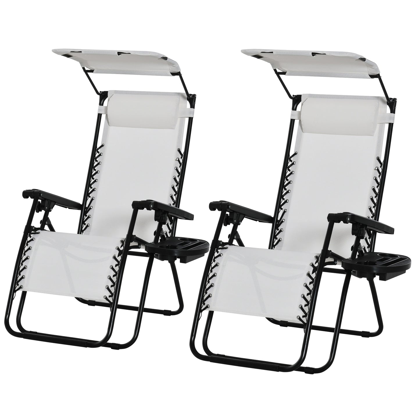 Photo of Outsunny 2 Piece Foldable Reclining Garden Chair with Headrest, Zero Gravity Deck Sun Lounger Seat Chair with Footrest, Armrest, Cup Holder & Canopy Shade, White in White colour on a white background