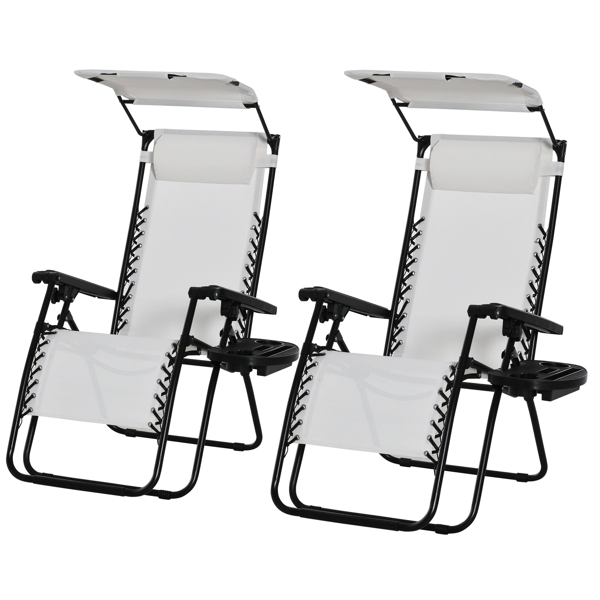 Photo of Outsunny 2 Piece Foldable Reclining Garden Chair with Headrest, Zero Gravity Deck Sun Lounger Seat Chair with Footrest, Armrest, Cup Holder & Canopy Shade, White in White colour on a white background