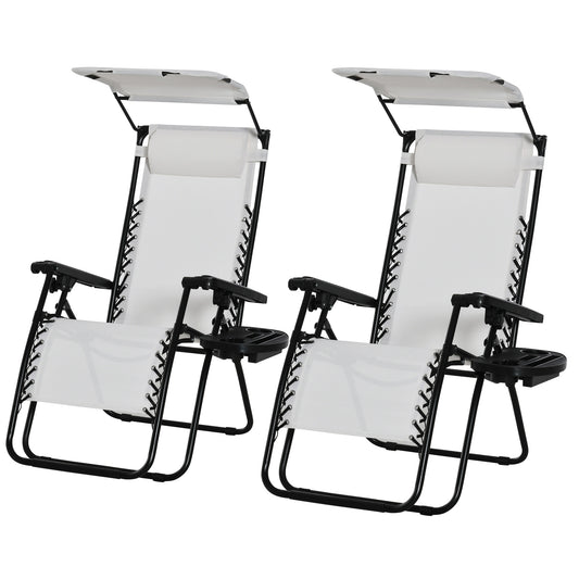 Photo of Outsunny 2 Piece Foldable Reclining Garden Chair with Headrest, Zero Gravity Deck Sun Lounger Seat Chair with Footrest, Armrest, Cup Holder & Canopy Shade, White in White colour on a white background