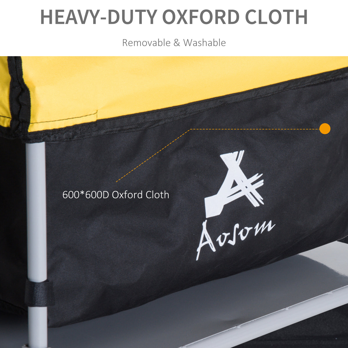 Close-up of black Oxford cloth trailer body, yellow cover trim, and white Avtom logo