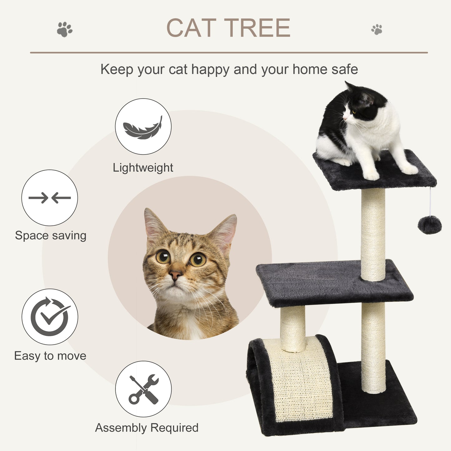 PawHut 72cm Cat Tree with Scratching Post, Pad for Indoor Cats - Smoky Grey