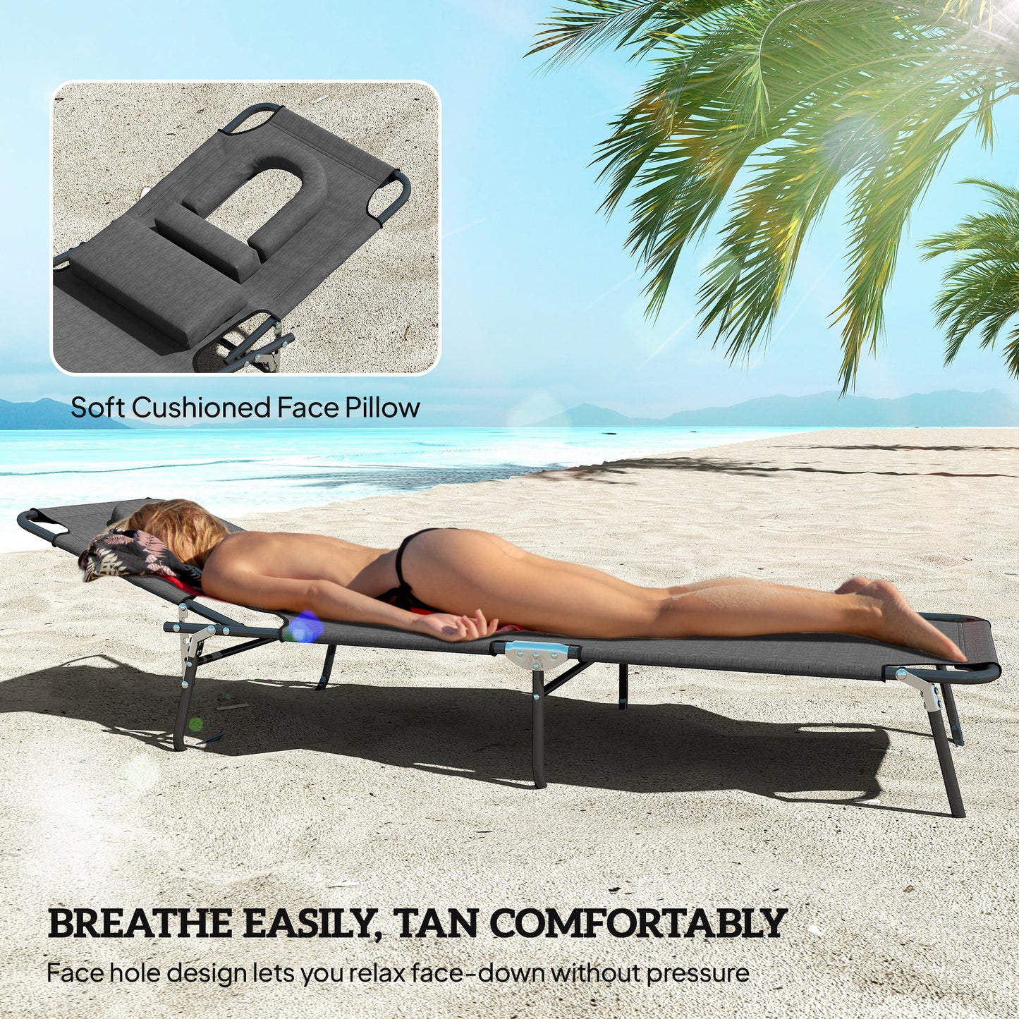 Outsunny Folding Sun Loungers Set of 2 with Face Hole, 4-Position Adjustable Backrest Garden Recliner Chairs Sunbeds, Outdoor Lounge Chairs with 600 D Oxford Cloth Seat, Pillow for Beach, Dark Grey