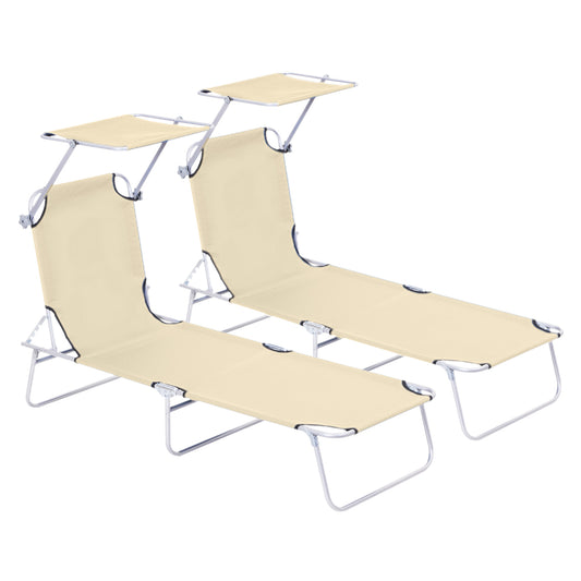 Photo of Outsunny 2 Pieces Outdoor Foldable Sun Lounger, 4 Level Adjustable Backrest Reclining Sun Lounger Chair with Angle Adjust Sun Shade Awning for Beach, Garden, Patio, Beige in Beige colour on a white background