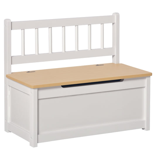 HOMCOM white wooden toy box bench with natural wood seat and slatted backrest