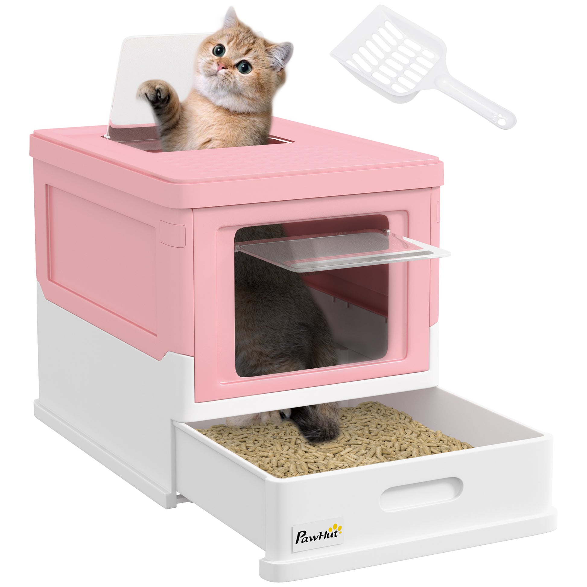 Photo of PawHut Hooded Cat Litter Box, Portable Pet Toilet, with Scoop, Front Entry - Pink in Pink colour on a white background