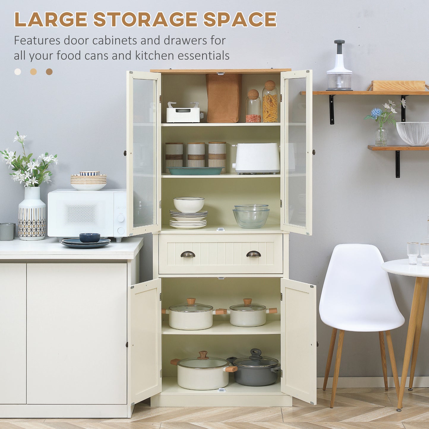 HOMCOM Freestanding Kitchen Cupboard, 5-tier Storage Cabinet with Adjustable Shelves and Drawer, Cream White