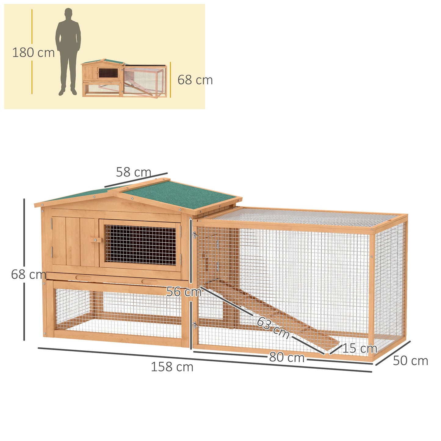 Pawhut Wooden Rabbit Hutch Guinea Pig hutch House 2 Tier with Rabbit Run for Outdoor Garden Backyard, Natural