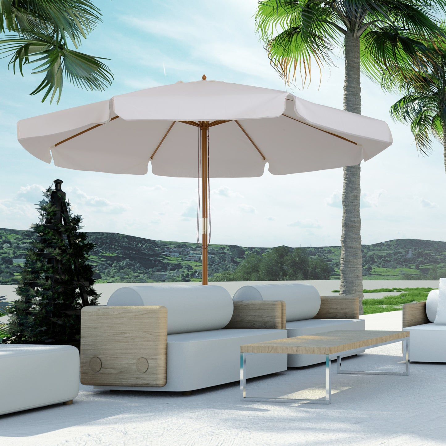 Outsunny 3.3m Elegant Wooden Parasol with Wooden Frame and Bamboo Ribs- Cream