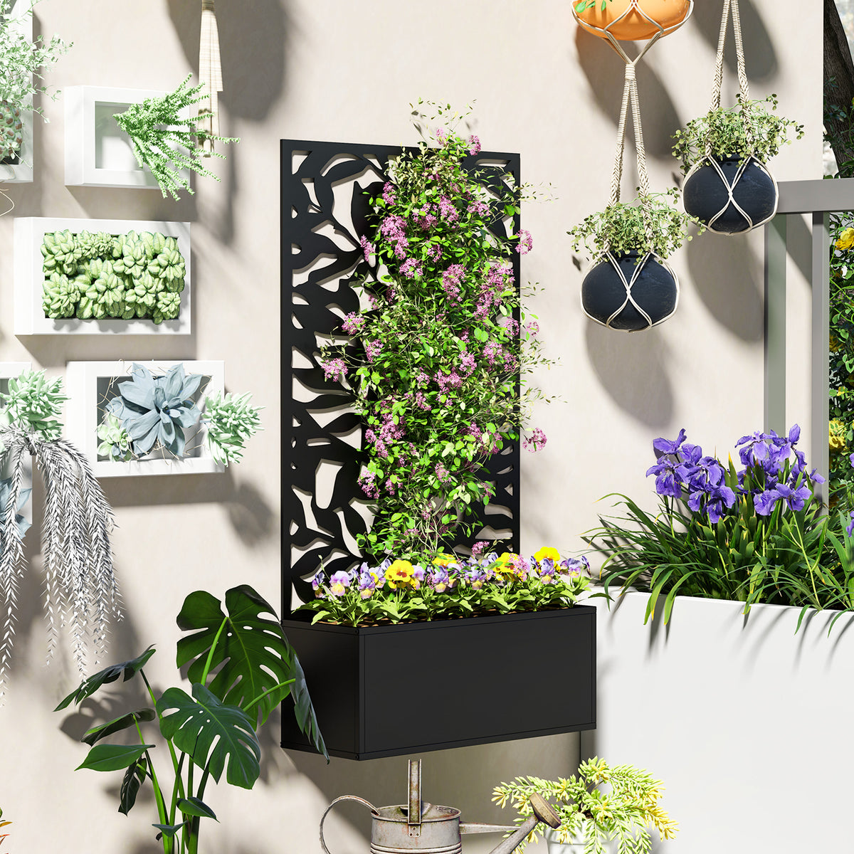 Raised planter with leaf-pattern trellis, shown planted with flowers and climbing greenery