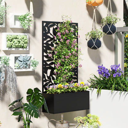 Raised planter with leaf-pattern trellis, shown planted with flowers and climbing greenery