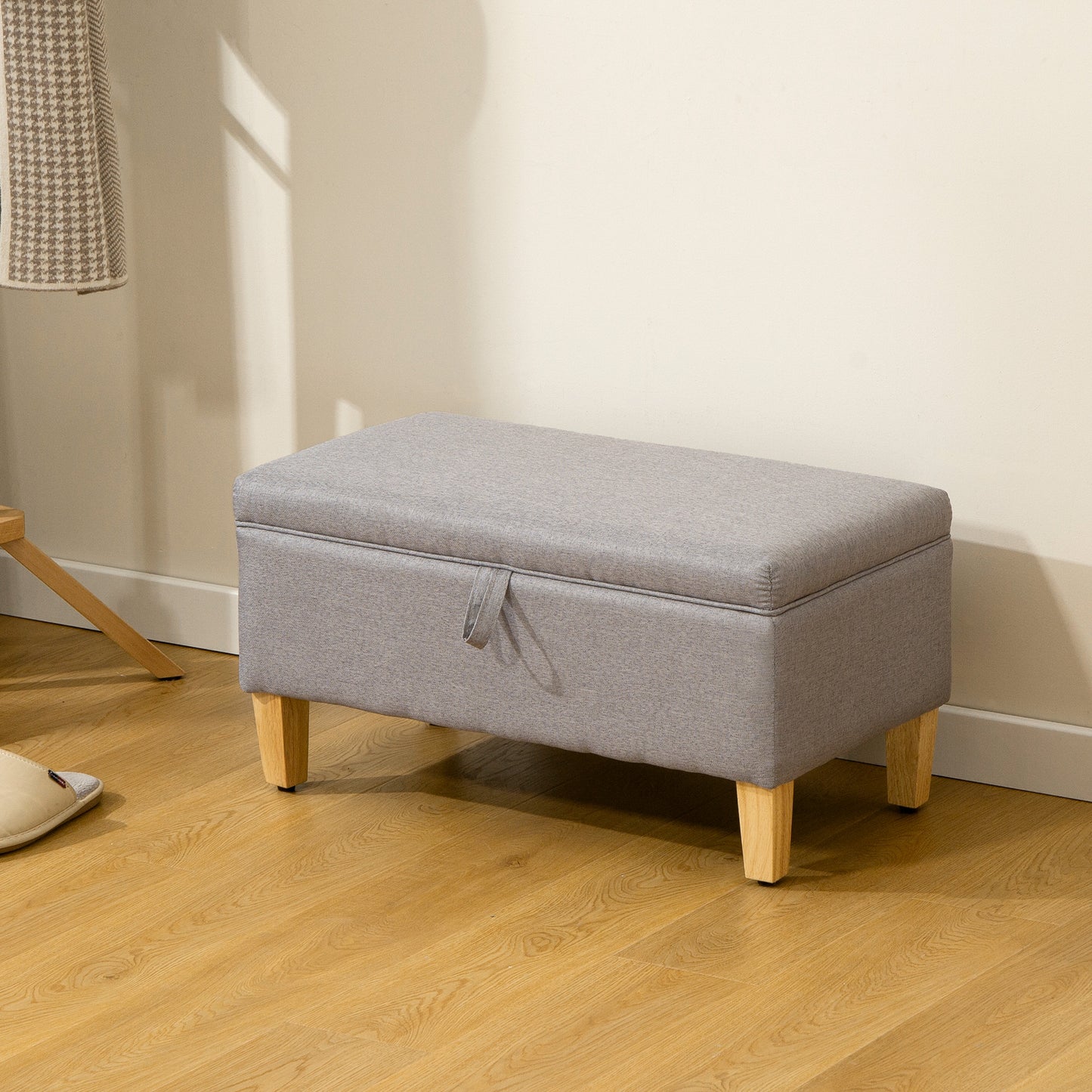 HOMCOM 30L Linen Storage Ottoman Padded Footstool with Rubberwood Legs for Storage Box, Bed End, Shoe Bench, Seating, Light Grey