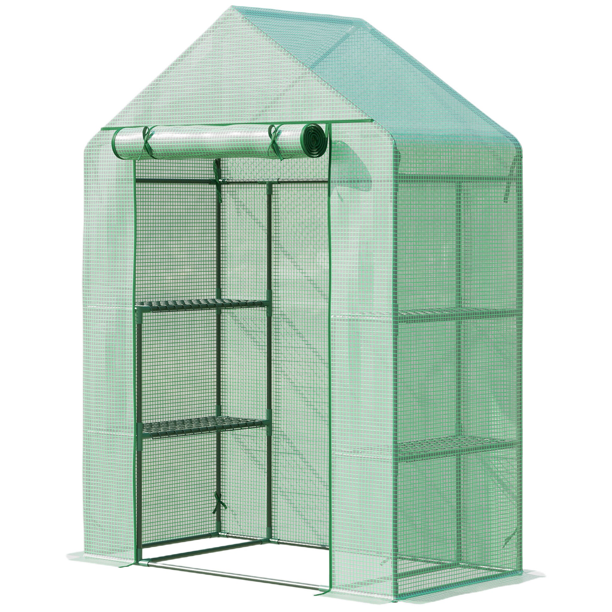 Photo of Outsunny Walk In Greenhouse with Shelves, Portable Gardening Plant Grow House for Outdoor with 2 Tier Shelf, Roll-Up Zippered Door, PE Cover, 141 x 72 x 191cm, Green in Green colour on a white background