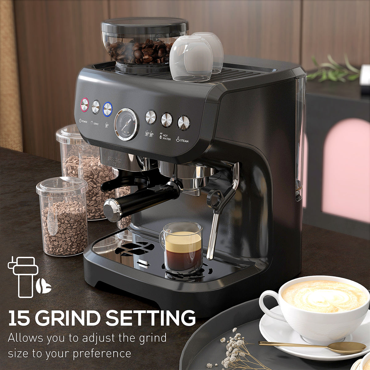 Black espresso machine with bean hopper, portafilter and cup; 15 grind settings