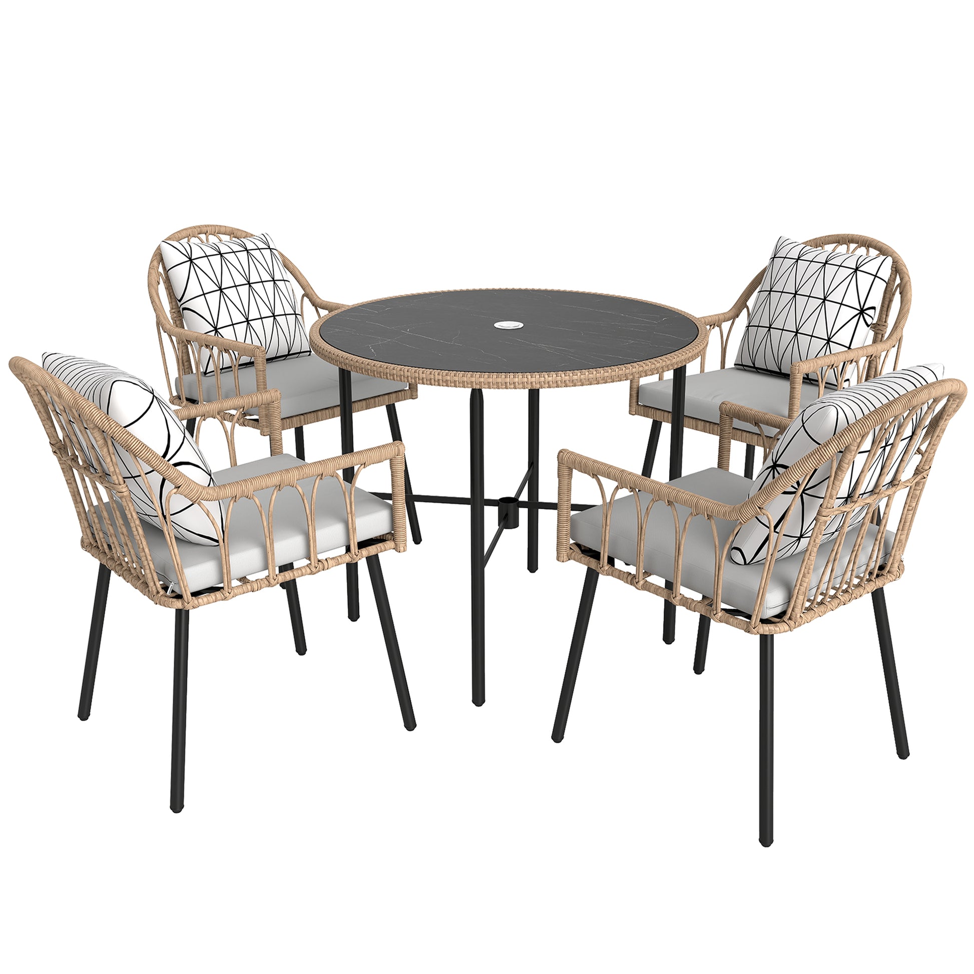 Photo of Outsunny 5 Piece Patio Rattan Dining Set, Wicker Garden Table and Chairs w/ Removable Seat & Back Cushions, Round Tempered Glass Tabletop, Parasol Hole, Outdoor Furniture Conservatory Set, Light Brown in Brown colour on a white background