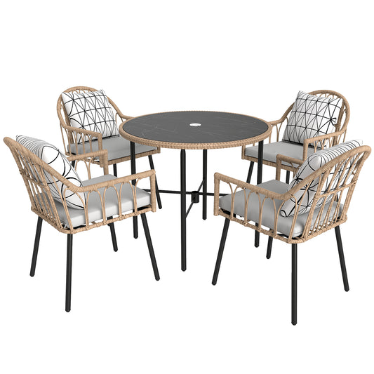 Photo of Outsunny 5 Piece Patio Rattan Dining Set, Wicker Garden Table and Chairs w/ Removable Seat & Back Cushions, Round Tempered Glass Tabletop, Parasol Hole, Outdoor Furniture Conservatory Set, Light Brown in Brown colour on a white background
