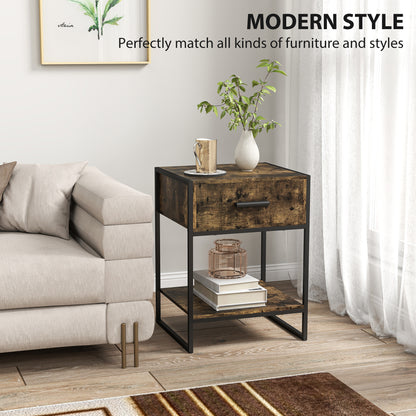 Rustic brown bedside table with drawer and lower shelf beside a sofa