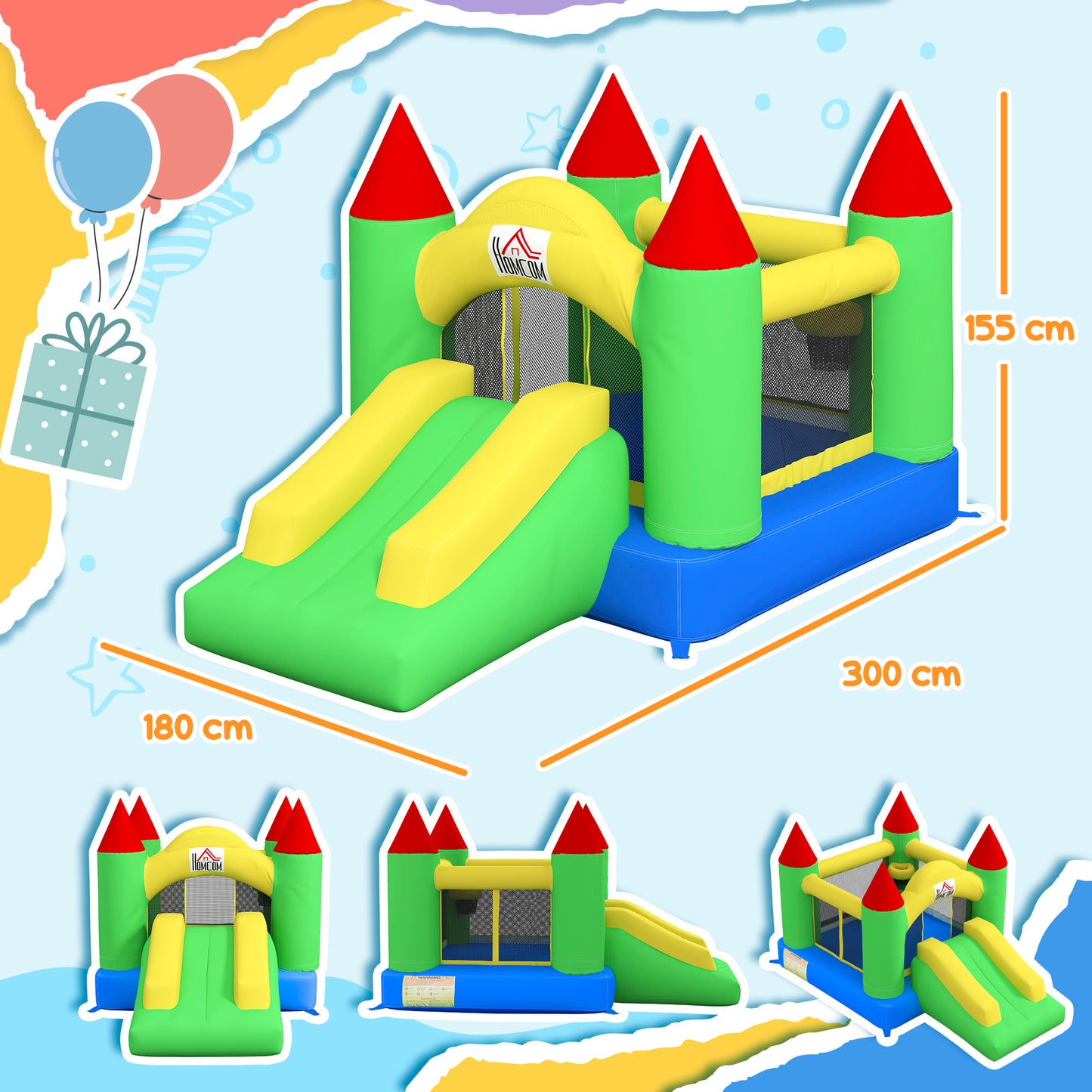 HOMCOM Nylon Inflatable Bouncy Castle, Fire and Water Resistant, Puncture-proof, Multi-Colour