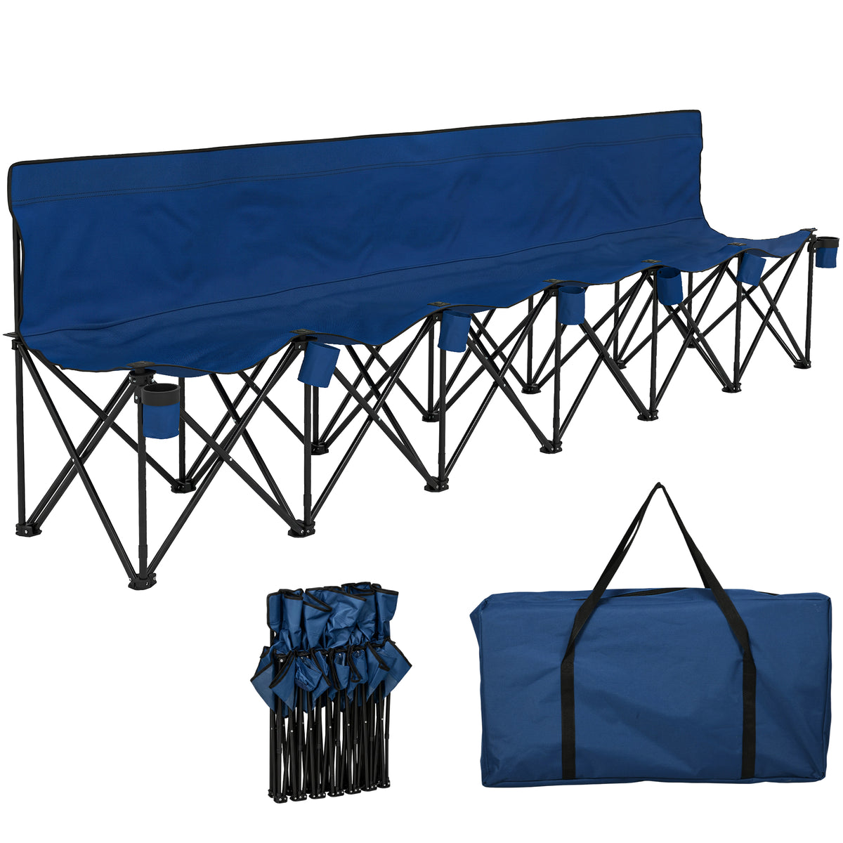 Blue six-seat folding camping chair shown open, folded, and packed in its carry bag