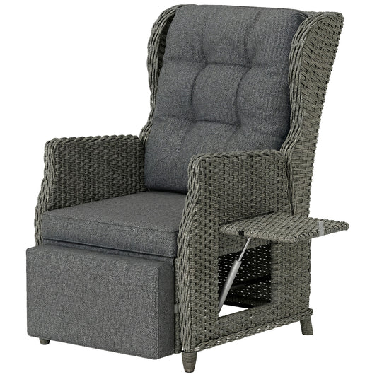 Photo of Outsunny Rattan Garden Recliner Chair, Reclining Garden Chair with Adjustable Back and Footrest, Flip Table, Cushion, Dark Grey in Grey colour on a white background