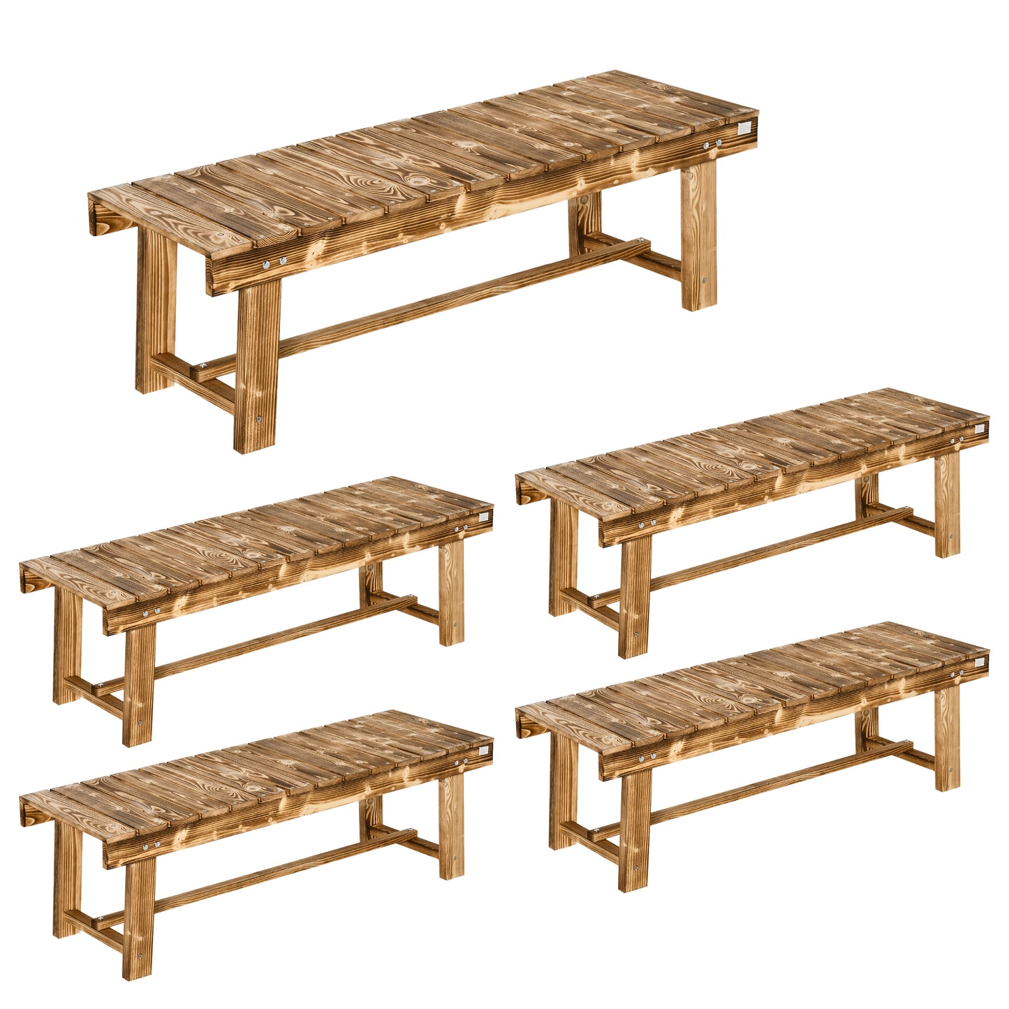 Photo of Outsunny Wooden Garden Benches, 2 Seater Outdoor Benches, Fir Wood Backless Patio Loveseat with Slatted Seat for Park, 110 x 38 x 35 cm, 5 Pieces, Carbonised in Carbonised colour on a white background