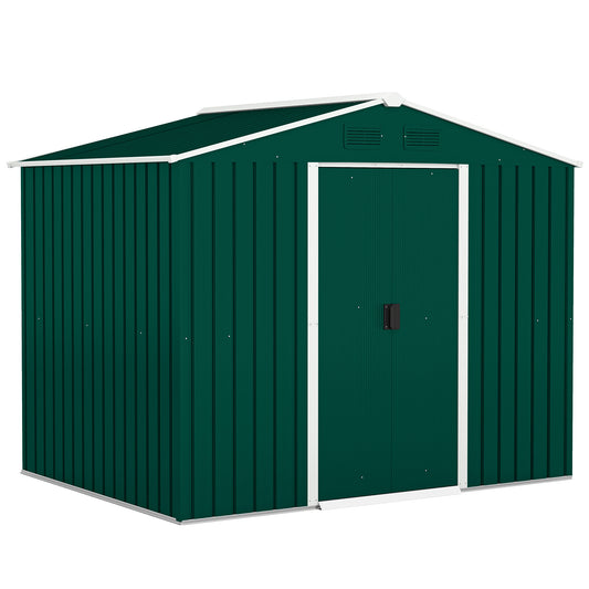 Photo of Outsunny 7.7 x 5.7ft Metal Garden Shed with Vents and Lockable Sliding Doors, Waterproof Galvanised Patio Outdoor Tool Storage Shed, Green in Green colour on a white background