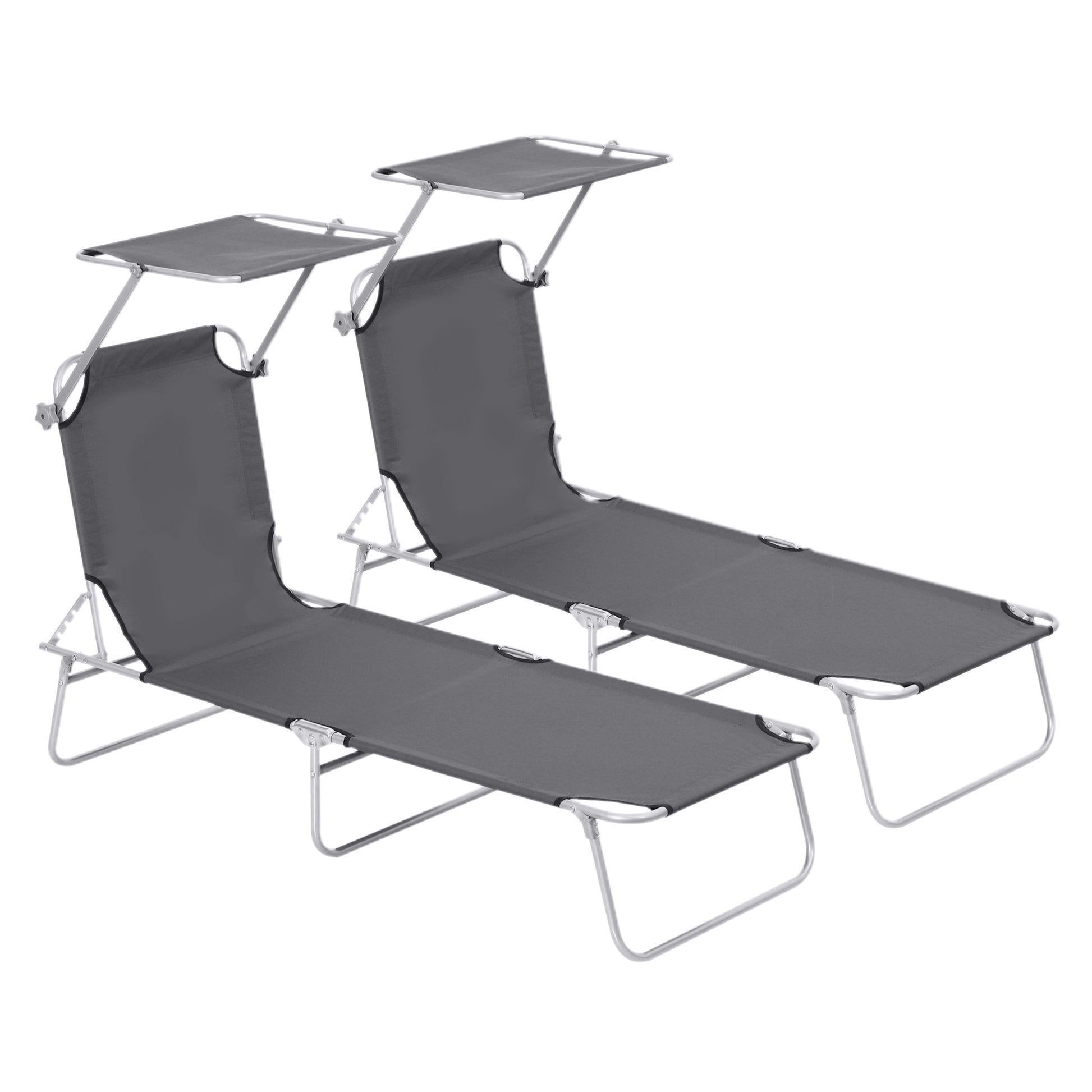 Photo of Outsunny 2 Pieces Outdoor Foldable Sun Lounger, 4 Level Adjustable Backrest Reclining Sun Lounger Chair with Angle Adjust Sun Shade Awning for Beach, Garden, Patio, Dark Grey in Grey colour on a white background