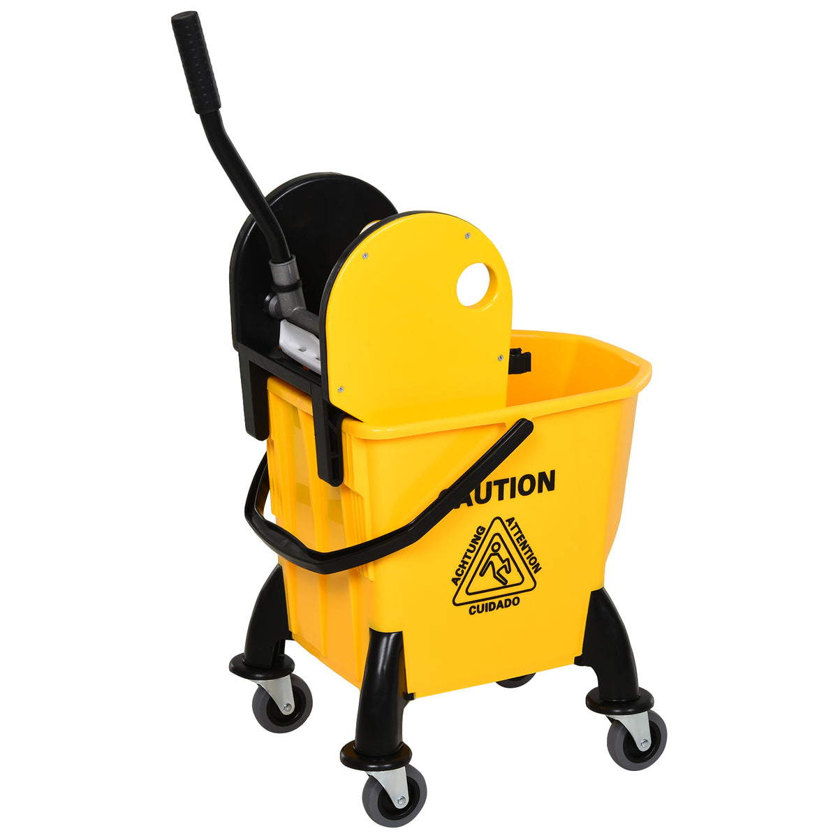 Yellow mop bucket with black wringer, curved handle and four wheels, viewed from the side.