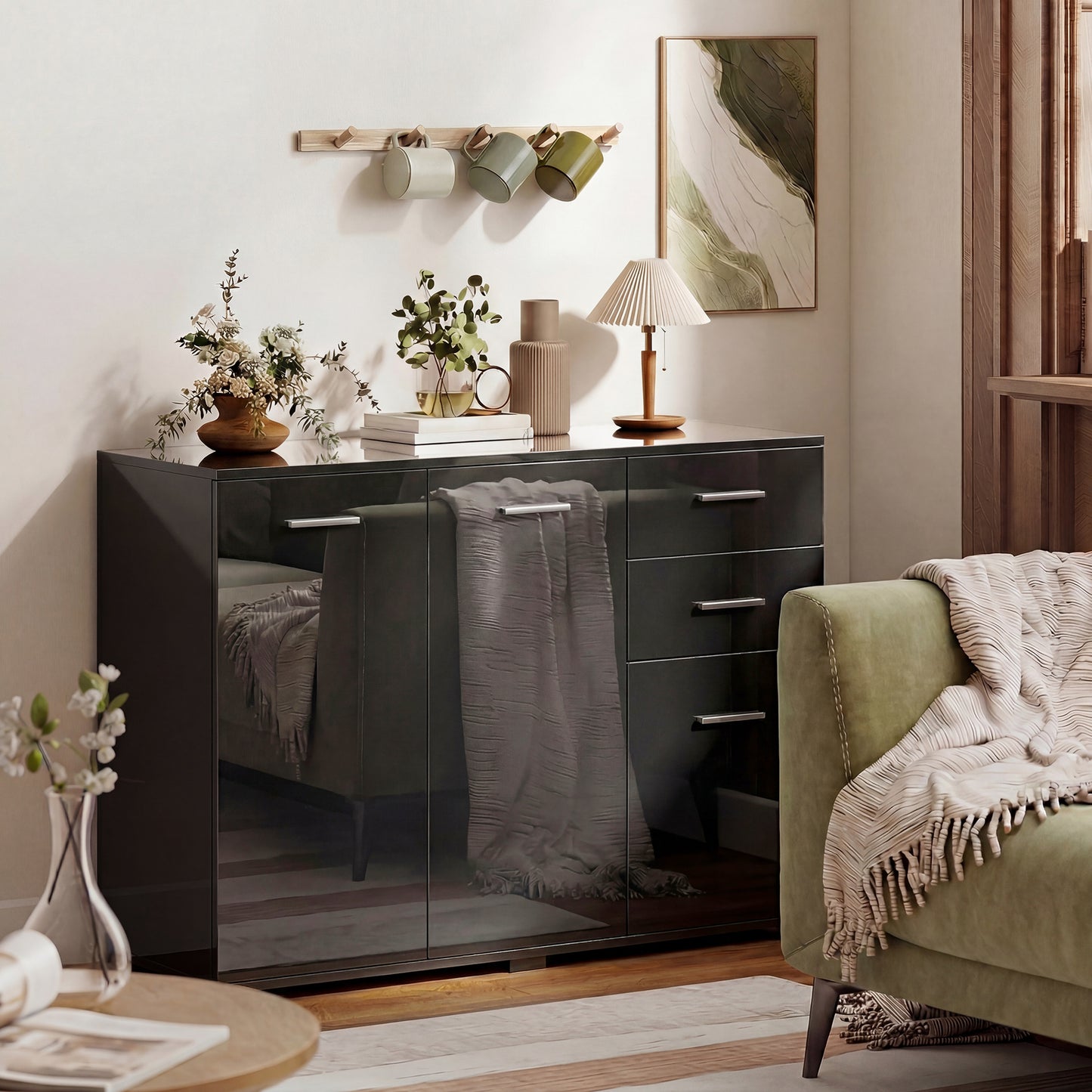 HOMCOM Sideboard, Modern Storage Cabinet with 2 Drawers, 3 Doors and Adjustable Shelves, High Gloss Black