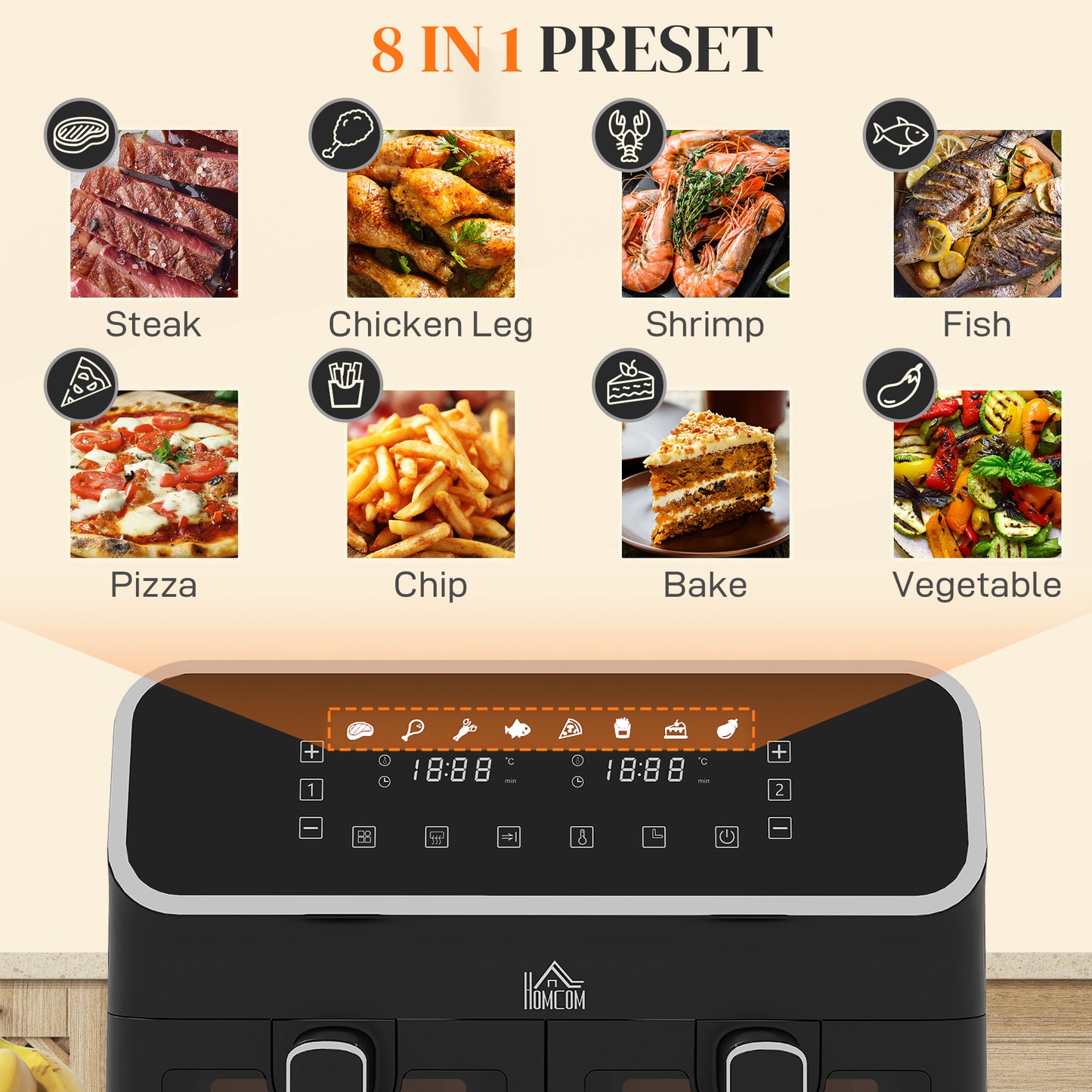 HOMCOM 8L Dual Basket Air Fryer, 80-200℃ Air Fryer Oven with 2 Baskets and Sync Function - Black/Silver