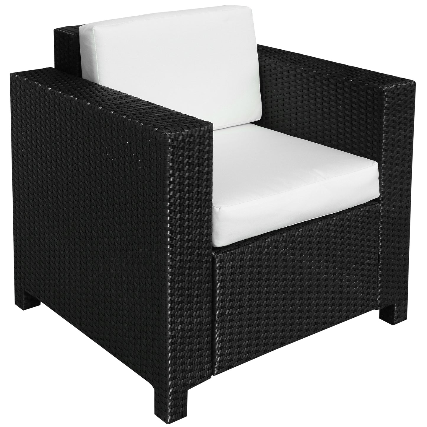 Photo of Outsunny Single Seater Rattan Chair Sofa with 10 cm Thick Padded Cushion, All-Weather PE Wicker Weave Garden Armchair with Armrests, Black in Black colour on a white background
