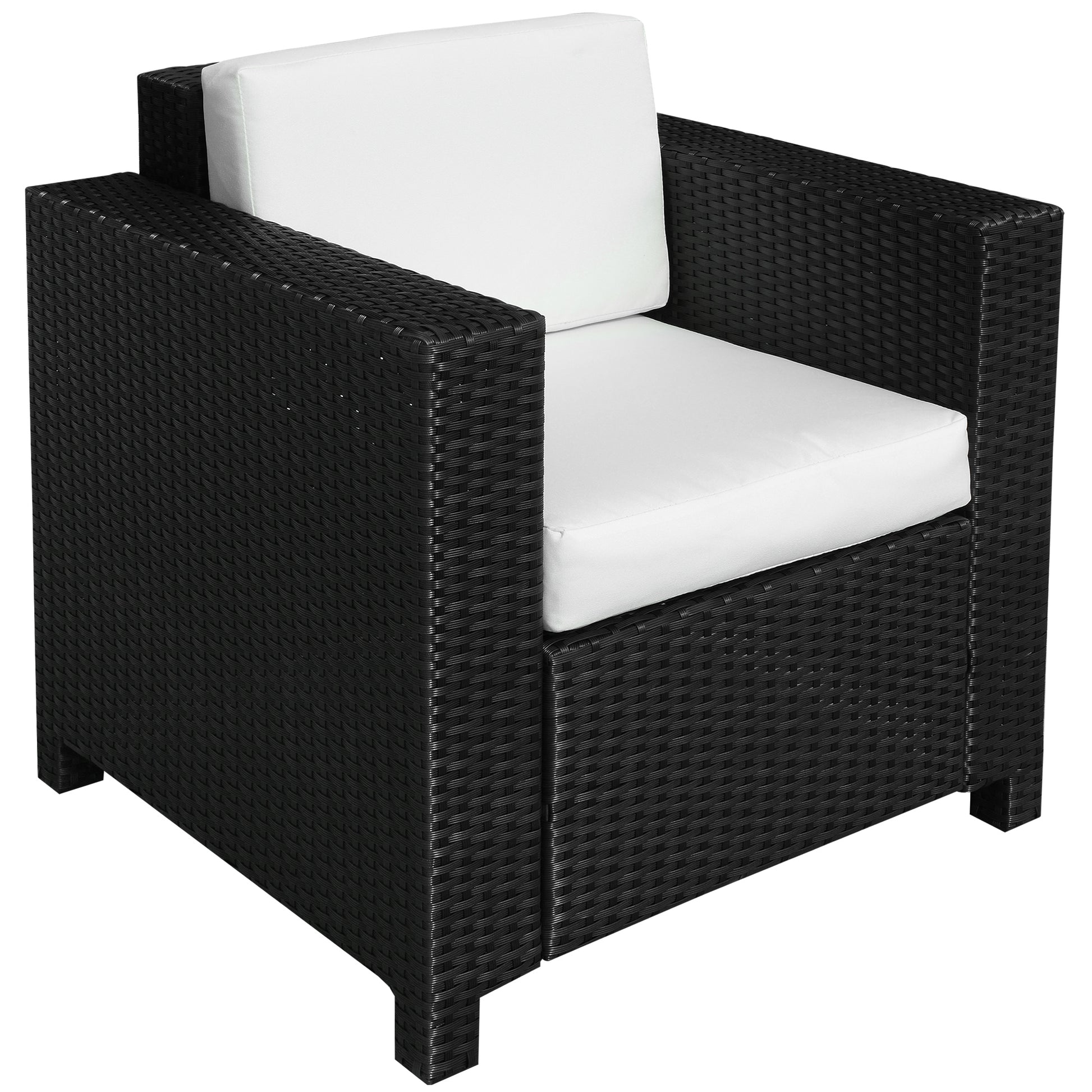 Photo of Outsunny Single Seater Rattan Chair Sofa with 10 cm Thick Padded Cushion, All-Weather PE Wicker Weave Garden Armchair with Armrests, Black in Black colour on a white background
