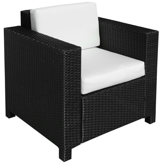 Photo of Outsunny Single Seater Rattan Chair Sofa with 10 cm Thick Padded Cushion, All-Weather PE Wicker Weave Garden Armchair with Armrests, Black in Black colour on a white background