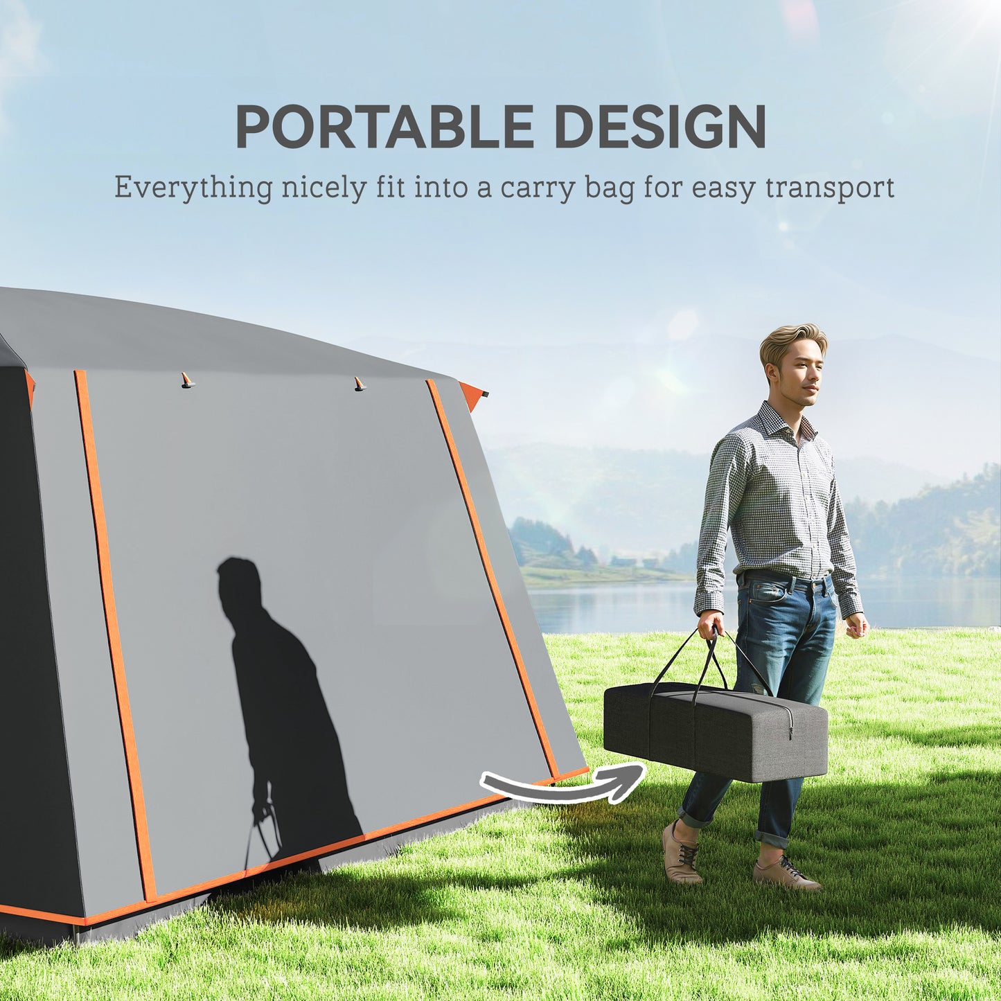 Outsunny 5 Man Camping Tent, Double Layer Tunnel Tent with Porch, Living Area and 2 Bedrooms, Sewn in Groundsheet, 3000mm Waterproof and UPF 30+, Portable with Bag, Grey