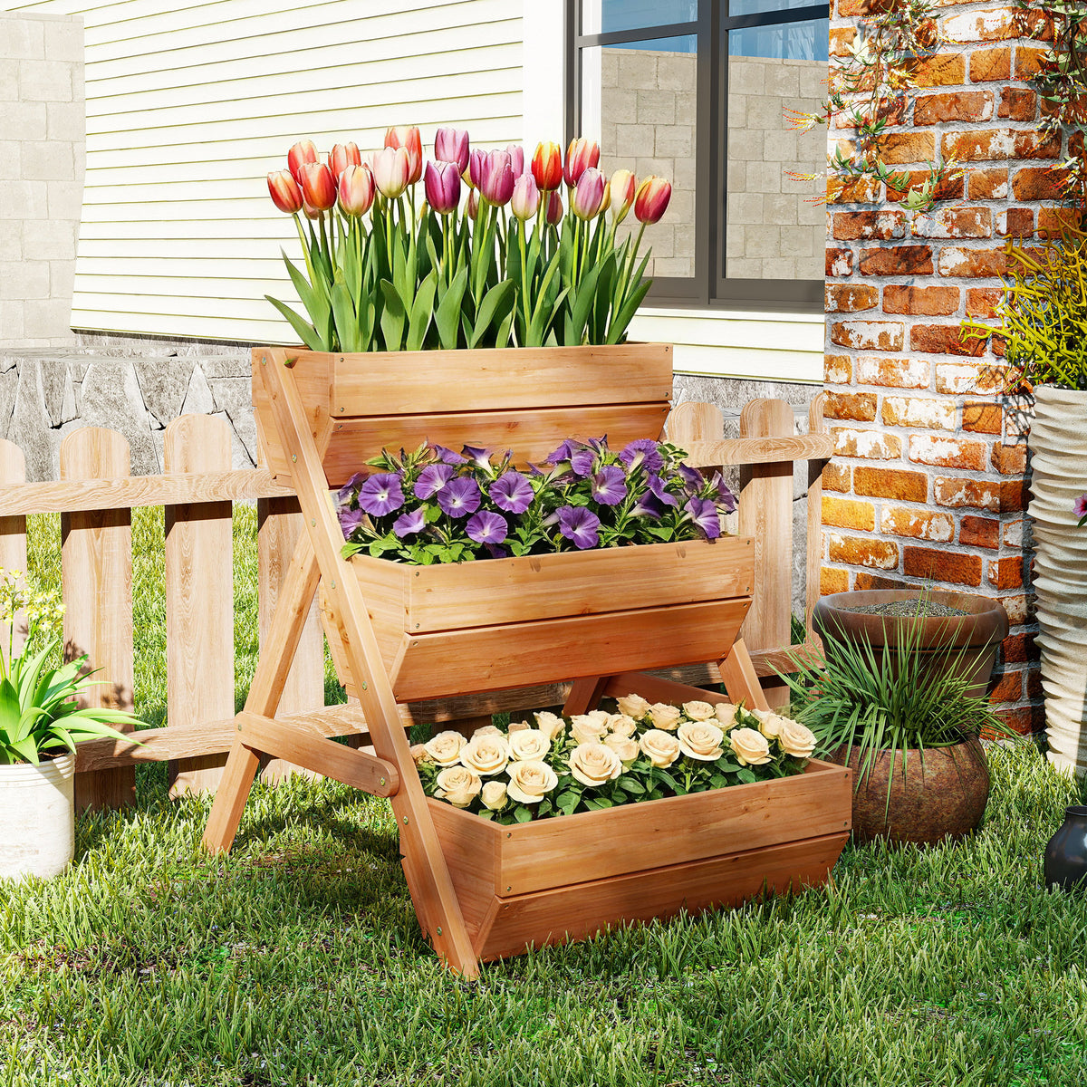 Outsunny wooden three-tier raised garden bed planted with tulips, purple flowers, and roses