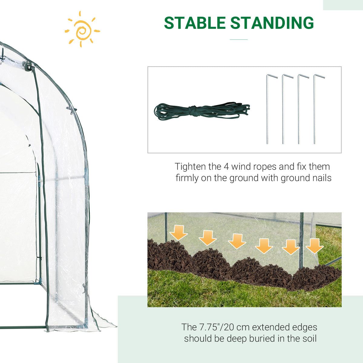 Outsunny polytunnel greenhouse with extended cover edges for burying in soil