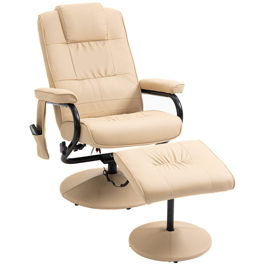 Photo of HOMCOM Swivel Recliner Chair and Footstool, Faux Leather Massage Recliner Armchair with Remote Control and Round Wrapped Base, Beige in Beige colour on a white background