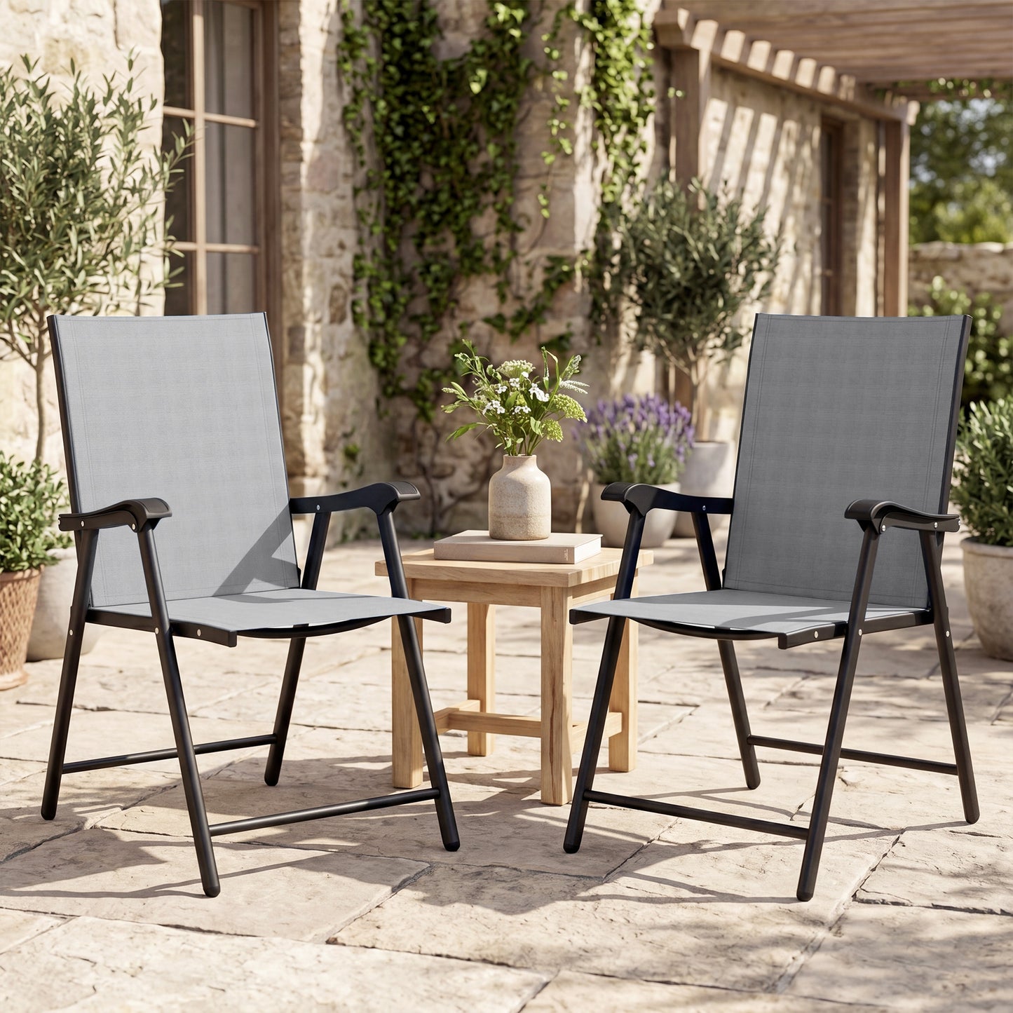 Outsunny Folding Garden Chairs Set of 2, Foldable Garden Dining Chairs with High Back, Armrests, Texteline Seat, Light Grey