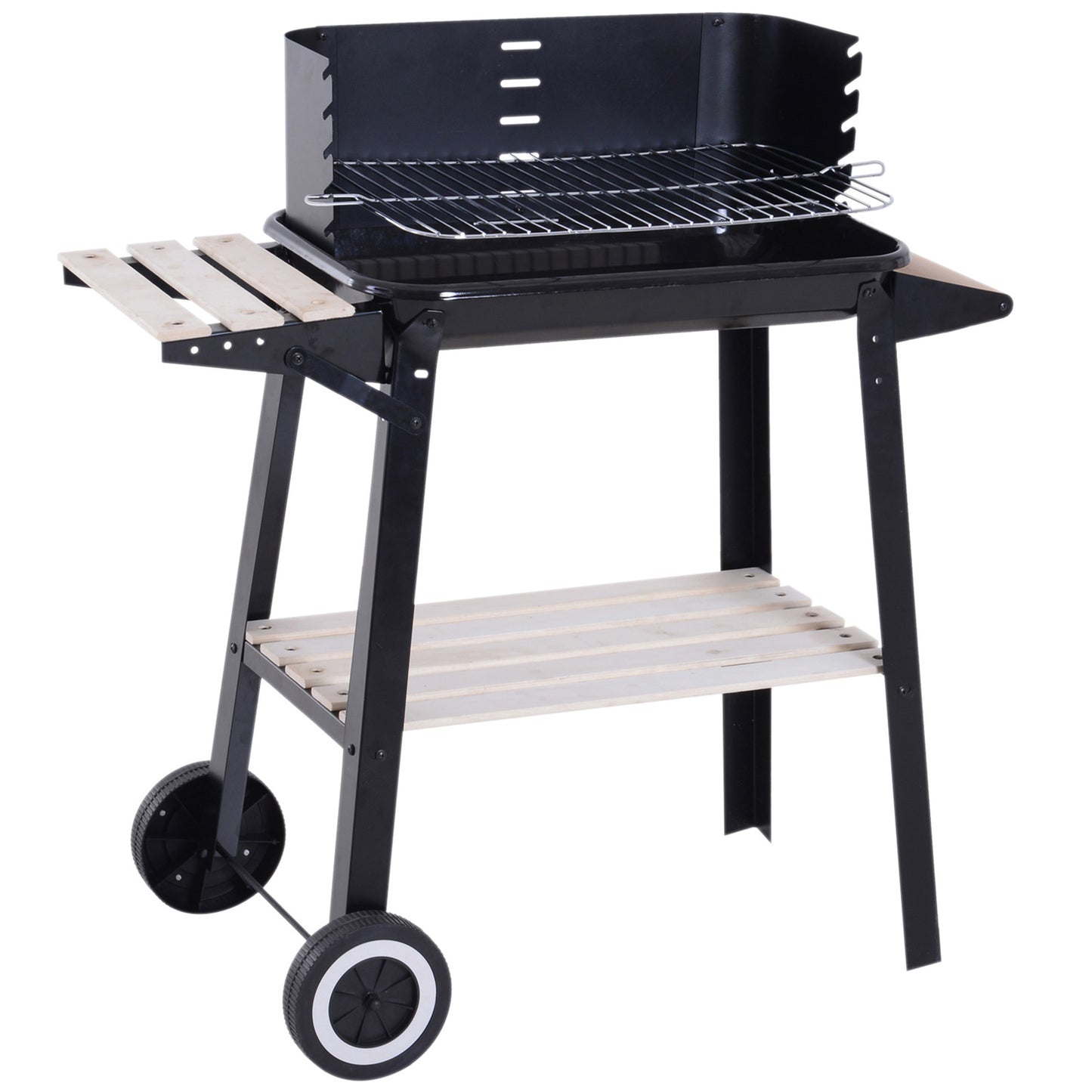 Photo of Outsunny Trolley Charcoal BBQ Barbecue Grill Outdoor Patio Garden Heating Smoker with Side Trays Storage Shelf and Wheels in Wheels colour on a white background