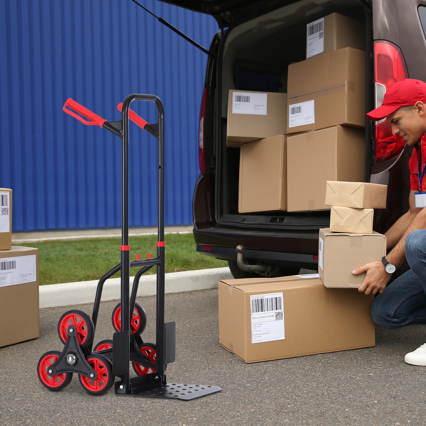 DURHAND Stair Climbing Hand Truck, Heavy Duty Foldable Trolley on Wheels, Multi-Purpose Sack, Steel Truck Moving Trolley, 120kg, Red