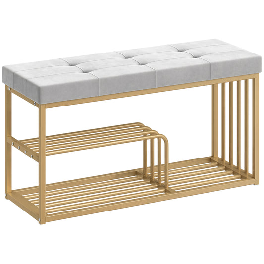 Photo of HOMCOM Bench and Shoe Storage, Tufted Shoe Storage Bench with Velvet Seat Cushion Gold Steel Frame for Entryway, Grey in Grey colour on a white background