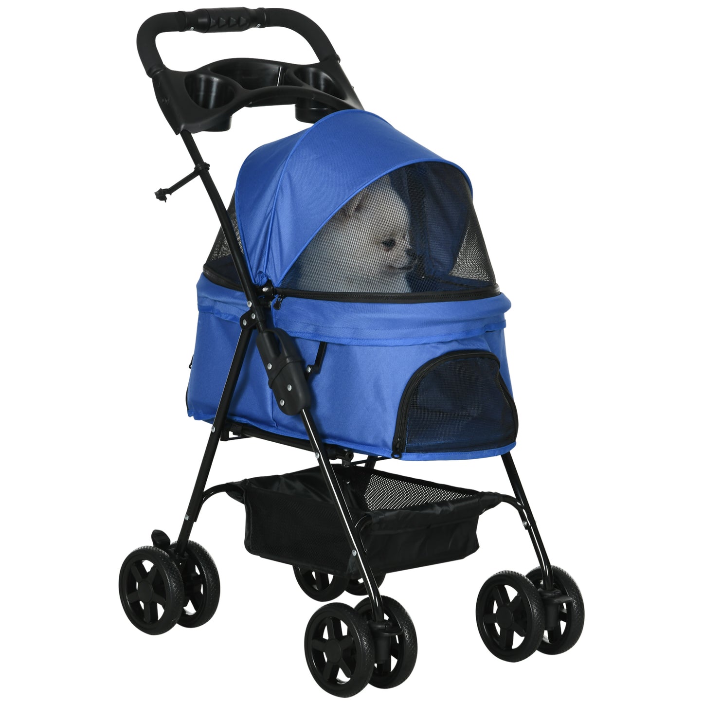 Photo of PawHut Dog Pram Dog Stroller Foldable Pet Pushchair with 4 Wheels, Safety Leashes, Cup Holder for Small Dogs, Blue in Blue colour on a white background