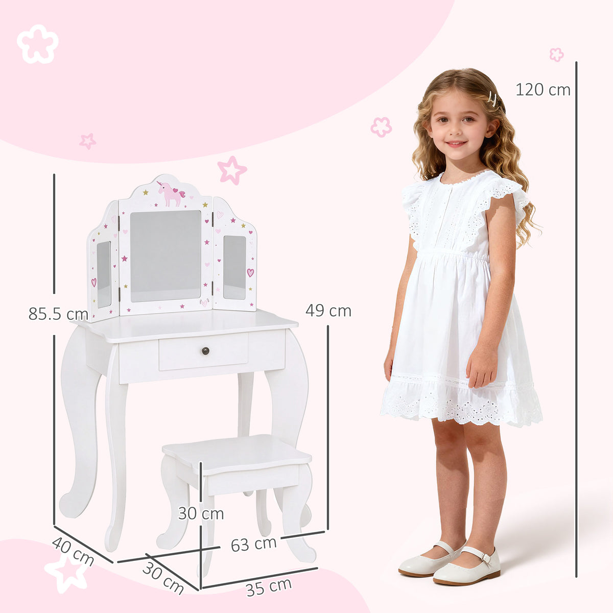 White kids vanity table and stool with tri-fold mirror and drawer, shown with dimensions