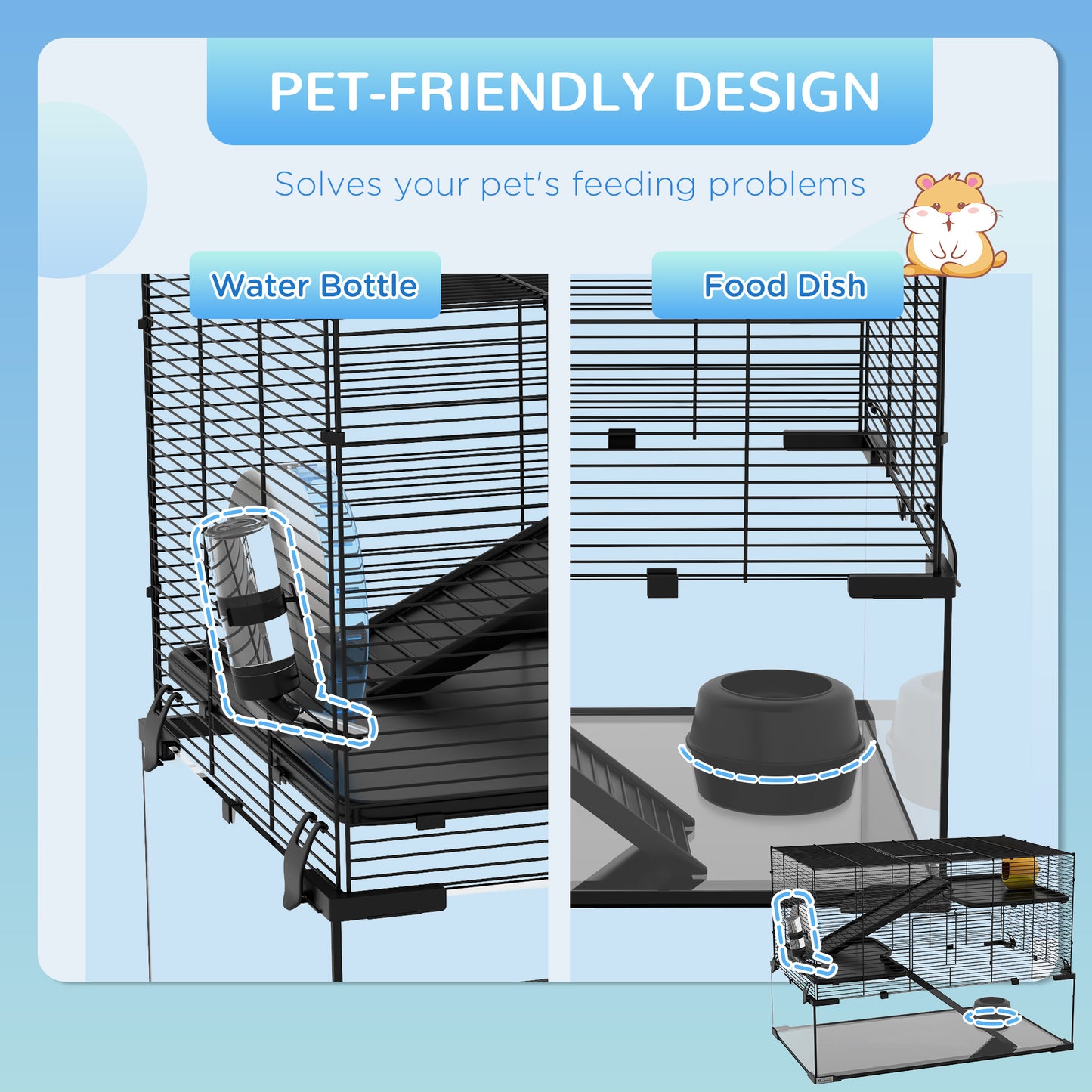 PawHut 3 Tiers Hamster Cage, Gerbil Cage with Deep Glass Bottom, Non-Slip Ramps, Platforms, Hut, Exercise Wheels, Water Bottle, Dish, for Syrian Hamster, Dwarf Hamster, 76.5 x 48.5 x 54.5cm