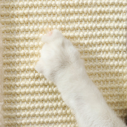 Close-up of the cat scratching post's woven sisal surface and hanging plush ball