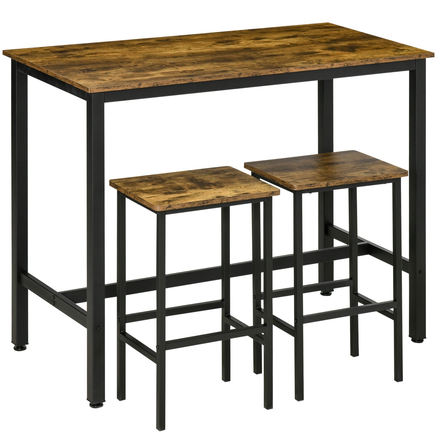 Photo of HOMCOM 120x60cm Bar Table Set, Breakfast Table with 2 Stools, 3-Piece Counter Height Dining Table & Chairs for Kitchen, Living Room, Rustic Brown in Brown colour on a white background