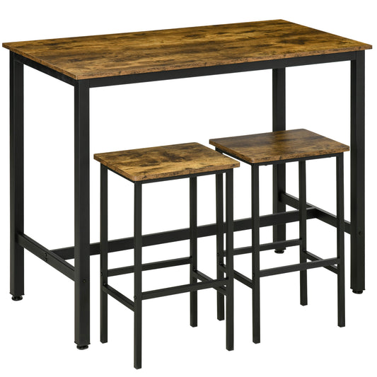 Photo of HOMCOM 120x60cm Bar Table Set, Breakfast Table with 2 Stools, 3-Piece Counter Height Dining Table & Chairs for Kitchen, Living Room, Rustic Brown in Brown colour on a white background