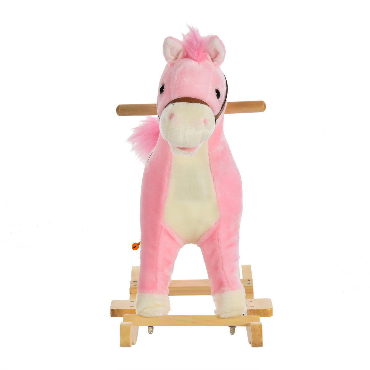 Front view of a pink plush horse rocker with cream chest and muzzle on a wooden base.