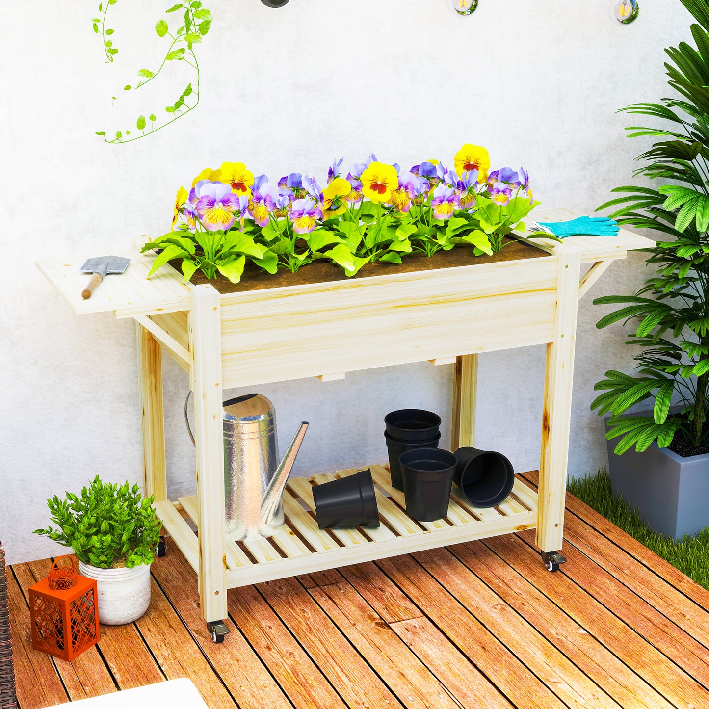 Outsunny 46 x 94cm Wooden Raised Planter, with Shelves - Natural Finish