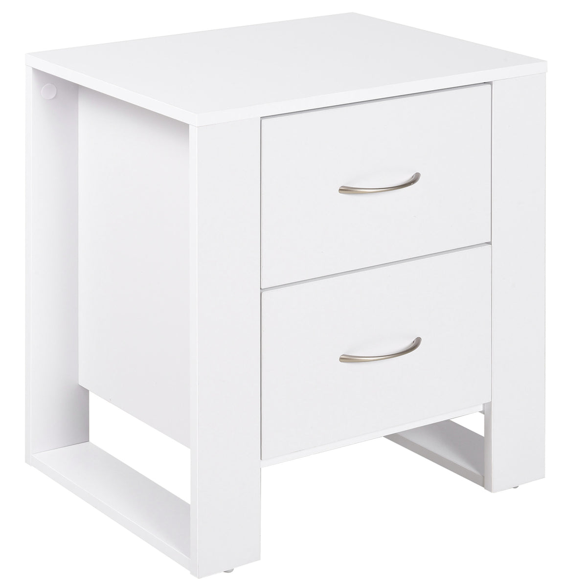 White bedside table with two closed drawers, metal handles and an elevated base.
